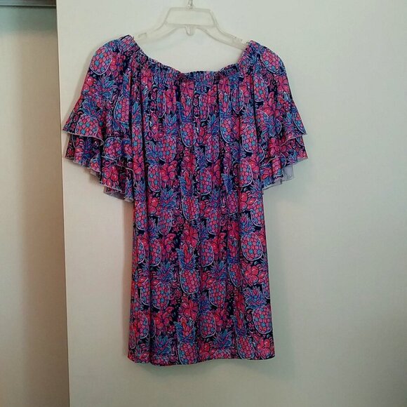 🌺🍍Simply Southern Off‑Shoulder Pineapple & Floral Top 🌺🍍 Navy • Size L - Picture 3 of 9